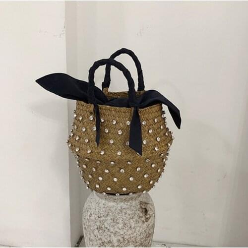Hand embellished straw bag with pearl ladies woven basket straw bag with diamonds messenger bag for women handbags and purses