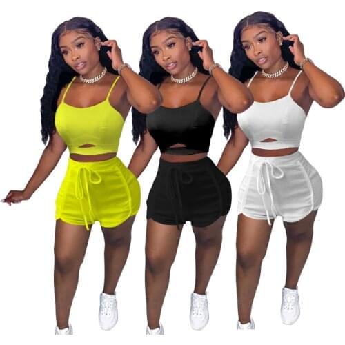 Activewear Solid Cut Out Short Tracksuit Women Casual Sportswear Sling Crop Top + Biker Shorts Slim Two Piece Set Outfits Suits