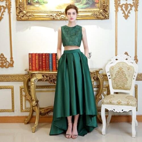 Vintage Green Red Evening Dresses High Low Satin Lace Front Short Back Long 2 Pieces Princess Prom Gowns For Wedding Party 2021
