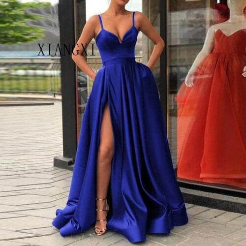 Custom Made A Line Royal Blue Spaghetti Straps Sweetheart Prom Dress with High Slit Satin Long Evening Gown 2020