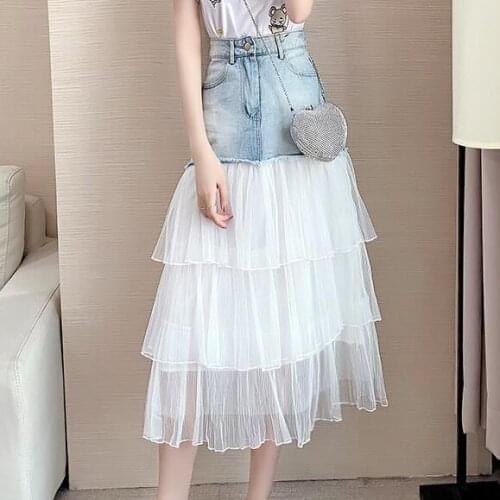 Womens suit skirt 2021 new summer clothes foreign embroidered t-shirt denim stitching mesh skirt two-piece a-line skirt