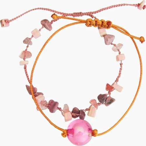 ZA Bracelet 2 Pcs/Set Bohemian Natural Stone Handmade Beaded Charm Bracelets For Women Beach Style Pink Glass Big Beads Bracelet