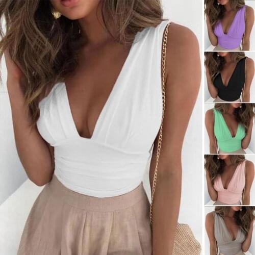 Women Blouse Summer Ladies Sexy Vest Solid Color Deep V Neck Sleeveless Slim Crop Top Blouse for Work Tee Top Blouse