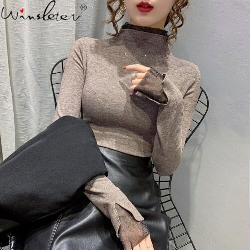 Fall Winter European Clothes T-Shirt Fashion Sexy Mock Neck Patchwork Mesh Shiny Ruffles Women Tops Long Sleeve Tees New T17730A