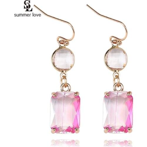 Korean Fashion Pink Blue Crystal Stone Pendant Earrings Women Transparent Rhinestone Square Dangle Earring Female Bridal Jewelry