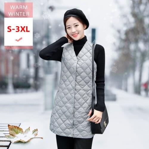 Women Long Slim Thin Down Vest Female White Duck Down Ultra Light Sleeveless Coat Without Collar Warm Casual Windproof Waistcoat