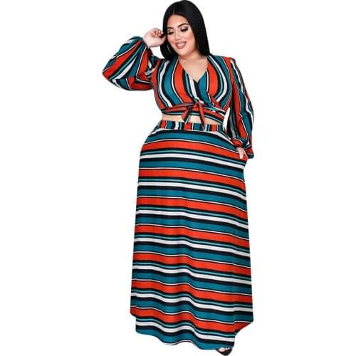 Plus Size V-neck Striped Women Outfit Long Sleeve Crop Top Loose Dress Suit Autumn Two Piece Set New Fashion Clothing for Woman