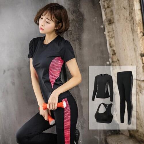 Women professional slim fitness set 3 piece yoga sets bra+t shirt+pants sports wear for women gym clothing workout clothes femme