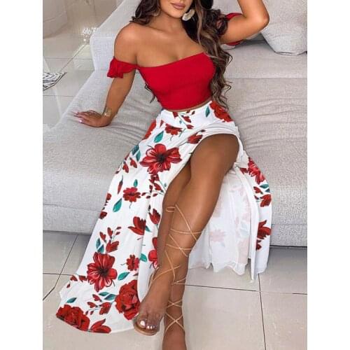Women 2021 Fashion Bohemian Floral Print Short Sleeve Strapless Two Piece Ladies Split Vintage Summer Casual Long Dresses