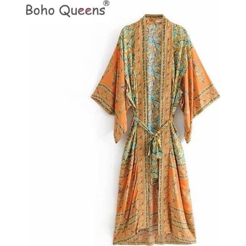 Boho Queens Women yellow Floral Print Sashes Kimono Ladies V Neck batwing Sleeves bohemianMaxi dress robe