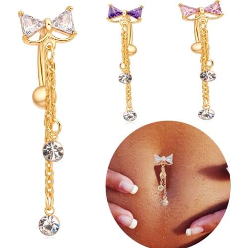 2019 New Fashion Crystal Zircon Petal Women Medical Stainless Steel Navel Ring Exquisite Decoration Long Pendant Belly Button