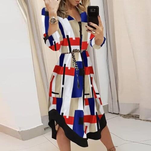 2021 Autumn Long Sleeve Buttons Party Dress Spring Rainbow Striped Print Irregular Dress Women Turn-down Collar Shirt Dress Belt
