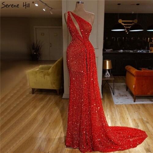 Serene Hill Dubai Red One Shoulder Sexy Evening Dress 2020 Mermaid Beading Sequined Luxury Formal Party Wear Gown CLA70297