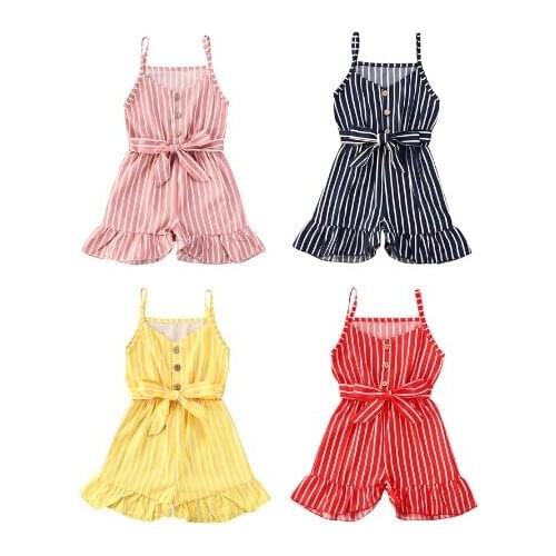 2020 Lovely Infant Baby Girls Rompers Overalls Striped Print Sleeveless Ruffles Jumpsuits Outfits 1-6Y