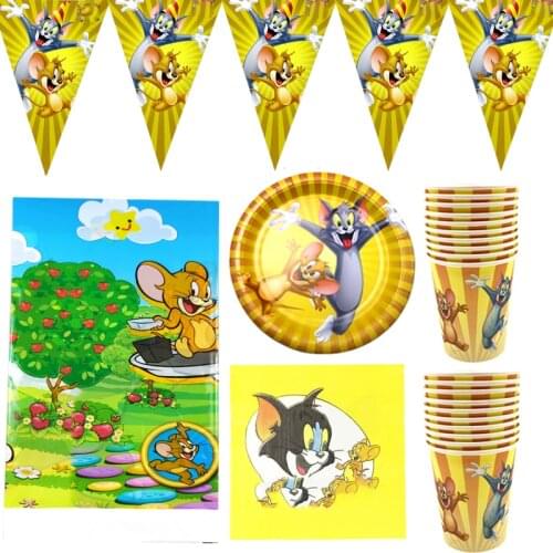 51pcs/lot Tom Cat Jerry Mouse Theme Napkins Tablecloth Happy Birthday Party Plates Cups Decoration Flags Kids Boys Favors Banner