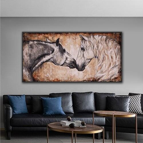 Abstract animals wall art Retro two horses canvas painting wall pictures posters prints for living room no frame