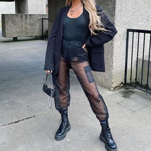 Sexy See Through Mesh Pants Women High Waist Solid Loose Cargo Trousers Club Party Fashion Sport Pants Jogging Baggy Sweatpants