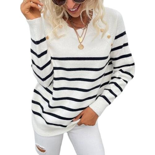 Szkzk Black And White Striped Knitted Sweater Tops Female Jumper 2021 Fall Winter Long Sleeve Button Sexy Sweaters And Pullovers