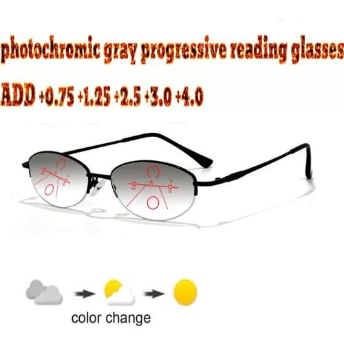 Photochromic Gray Progressive Multifocal Reading Glasses Men Woem Ultralight Metal Frame+1.0 +1.5 +1.75 +2.0 +2.5 +3 +3.5 +4