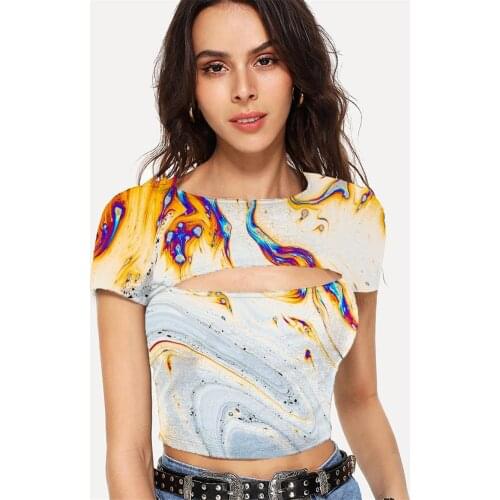 Somepet Dizziness T shirt Women Tie Dye Shirt Print Colorful Hollow Out T shirts Harajuku Navel Bare Short Sleeve Sexy Printed