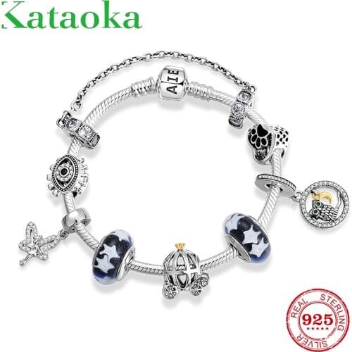 Hot Real 925 Sterling Silver Pumpkin car charm and glass beads Charm Bracelet ClearBeads Bracelets Bangle Women Jewelry Gift