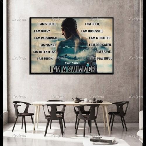 Personalized Custom Name Retro Poster Swimming Swimmer I Am Strong I Am Gutsy Wall Art Prints Home Decor Canvas Unique Gift