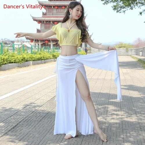 Belly Dance Suit Yellow Sling Top White Split Skirt Practice Clothes Set Women Elegant Profession Performance Clothing