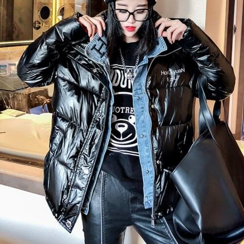 Novel Winter Padded Jacket Women Harajuku Oversize Denim Collar Jacket Fake 2 Pieces Overcoat Letter Print Loose Hooded Parkas