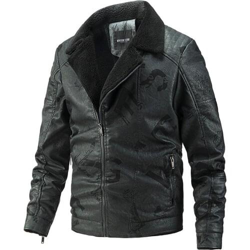 Cool Trendy Windproof Warm Motorcycle Leather Jacket Lapel Zipper Autumn and Winter Fleece PU Mens Jacket