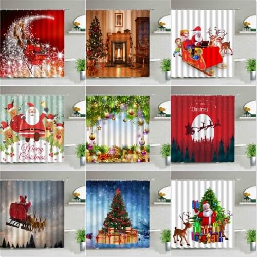 Christmas Shower Curtain Set Funny Santa Claus Snowman Elk Fireplace Holiday Cartoon Bathroom Decor Washable XMAS Bathtub Screen