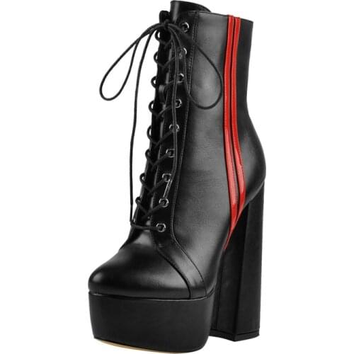 Richealnana Womens Black And Red Zipper Platform Lace Up Squre Chunky High Heel Fashion Ankle Boots For Winnter Big Size
