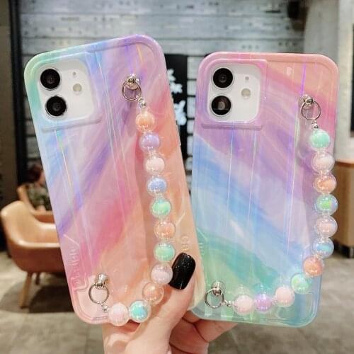 Luxury Laser Soft Phone Case Cover For iPhone 7 8 Plus SE 2020 11 12 Pro Max X XR XS Max Luxury Rainbow Rubber Skin Bead Chain