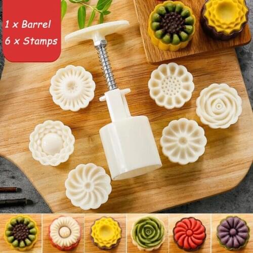 Cute round 6-piece 3D rose flower moon cake mold hand-pressed Mid-autumn moon cake mold DIY baking set