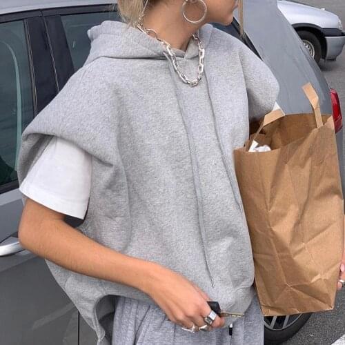 Oversized sleeveless hoodies sweatshirt Women casual streetwear split loose gray pullover Autumn winter female sweatshirts 2021