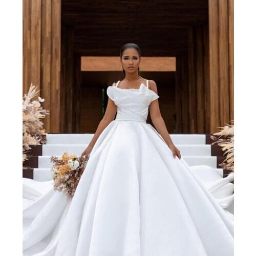 Vestidos De Novia 2021 A Line Satin Wedding Dresses Sleeveless Boat Neck With Beads Crystal Bridal Dresses Robe De Mariee