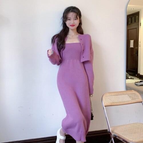 Fashion New Autumn Purple O Neck Cardigan Short Knitted Sweaters Slim High Waist Spaghetti Strap Dress Temperament Sets Lady