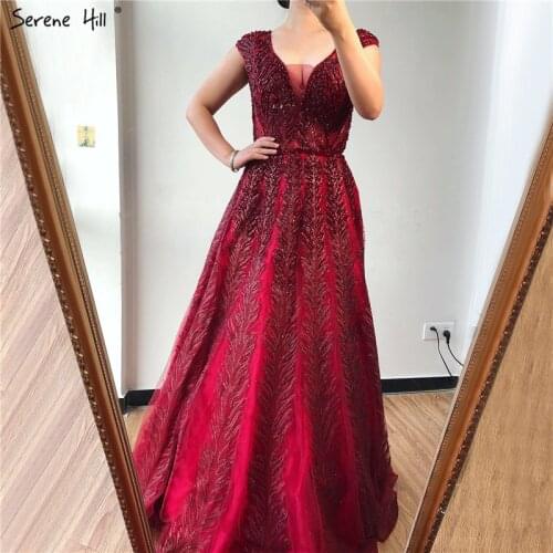 Luxury Design Wine Red V-Neck Prom Dresses Long 2020 Sequined Crystal Sleeveless A-Line Prom Gowns Serene Hill BLA70225