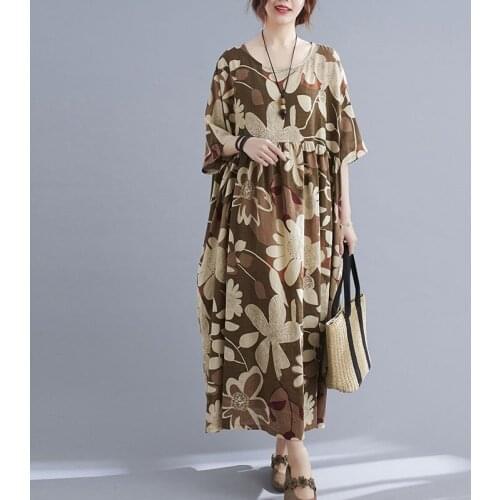 Oversize Sweet Cotton Dresses For Women Plus Size 4XL 5XL 6XL Summer Linen Maxi Dress Robe Female Vintage Print Boho Dress 100KG