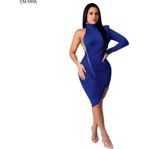 2020 New Women Summer Mini Dress Sexy One Sleeve Zipper Backless Party Night Club Bandage Female Lady Dresses Vestido GL9230