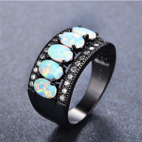 Boho Female White Fire Opal Ring Vintage 14KT Black Gold Cross Wedding Rings For Women Promise Love Oval Engagement Ring