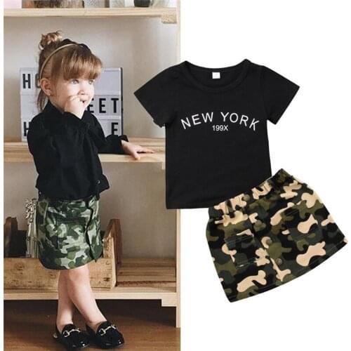 2pcs Baby Girls Camouflage Set Summer Outfits For Newborn Toddler Baby Girls Clothes Black Letter T-shirt+Short Skirts Outfits