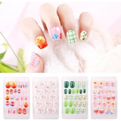 24 Pcs Childrens Nails Cartoon Pattern Wearable Finish Nail Art Kids Patch Portable Childrens Party Nail Decoration Tape Glue
