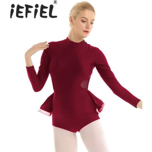 Female Women Adults Ballet Ballerina Dress Mock Neck Long Sleeves Keyhole Back Leotard Gymnastics Bodysuit Ballet Dancewear