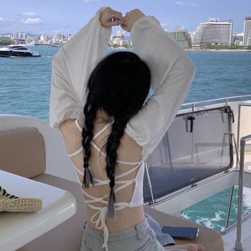 Design Sense Open Back Cross Strap T-shirt Summer Thin Sunscreen Chic Korean Short Long Sleeve Shirt Women Tshirt Crop Top Vogue