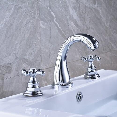 Chrome Finish Bathroom Mixer Tap 2 Handles 3 Holes Water Basin Faucets Deck Mounted Cross Knob