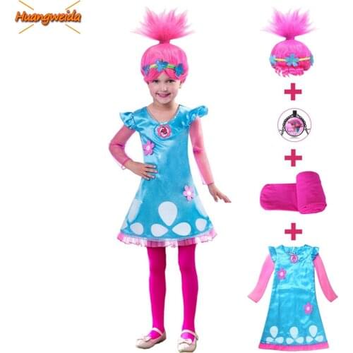 Trolls Poppy Costume Girl Dresses Anime Cosplay Costumes for Kids Halloween Christmas Party Fancy Dress Outfit Spirit Wig