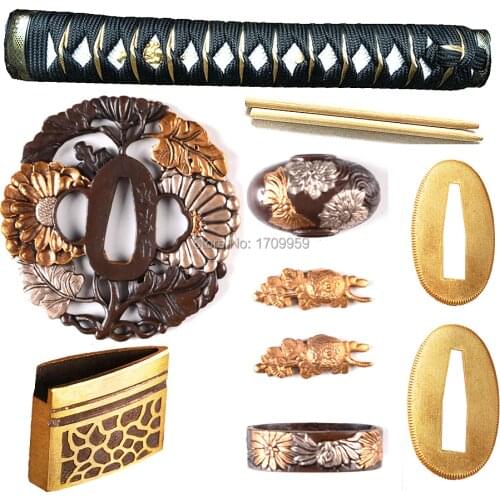 Nice Metal Crafts Katana/Wakizashi/Tanto Sword Handle Fittings Set Brass Tsuba+Menuki+Fuchi+Kashira+Habaki+Seppa W/Chrysanthemum