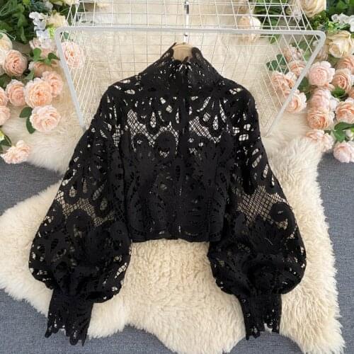 XIKOI Lace Sexy Hollow Out Stand Collar Shirt Solid Color 2021 All-match Zip Femme Blusas Chic Lantern Sleeve Women Blouses