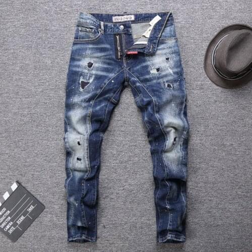 Fashion Streetwear Men Jeans High Quality Slim Fit Retro Blue Elastic Ripped Jeans Spliced Designer Biker Pants Hip Hop Jeans