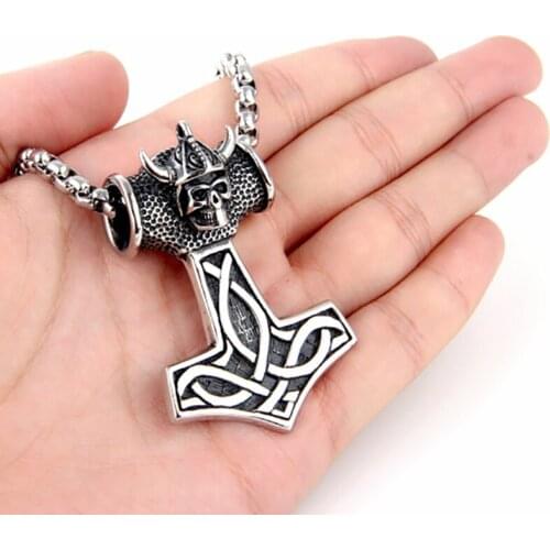 Mens Silver Color Thor hammer skull pendant necklace Stainless steel Norse Viking Necklace jewelry punk long necklaces 24"chain